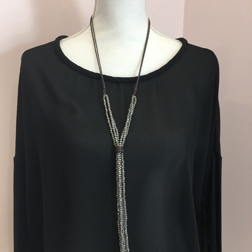 Gray/Silver Crystal Beaded Tassel Necklace Boutique